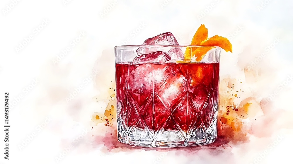 Watercolor of Negroni cocktail, close-up view, crystal glass with faceted texture, glowing red liquid, orange twist on rim, minimal white backdrop, subtle highlights, soft brush strokes, hd quality,