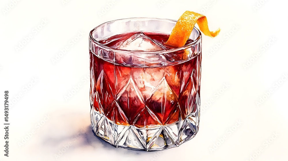 Watercolor of Negroni cocktail, close-up view, crystal glass with faceted texture, glowing red liquid, orange twist on rim, minimal white backdrop, subtle highlights, soft brush strokes, hd quality,