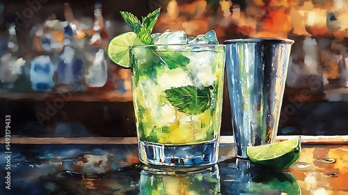 Obraz na płótnie Watercolor of mojito, glass on bar counter, cocktail shaker in background, lime wedge on edge, mint bouquet, cool lighting, reflective surface, delicate washes, detailed highlights, hd quality, w salonie
