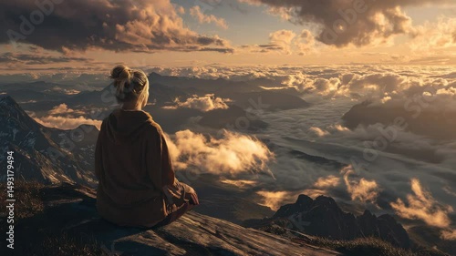 Wallpaper Mural Woman in Meditation Pose atop a Rocky Mountain with Sweeping Vista of Golden Sunset and Clouds during Travel Adventure Torontodigital.ca