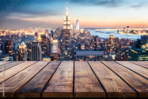 Cityscape view from wooden deck at sunset