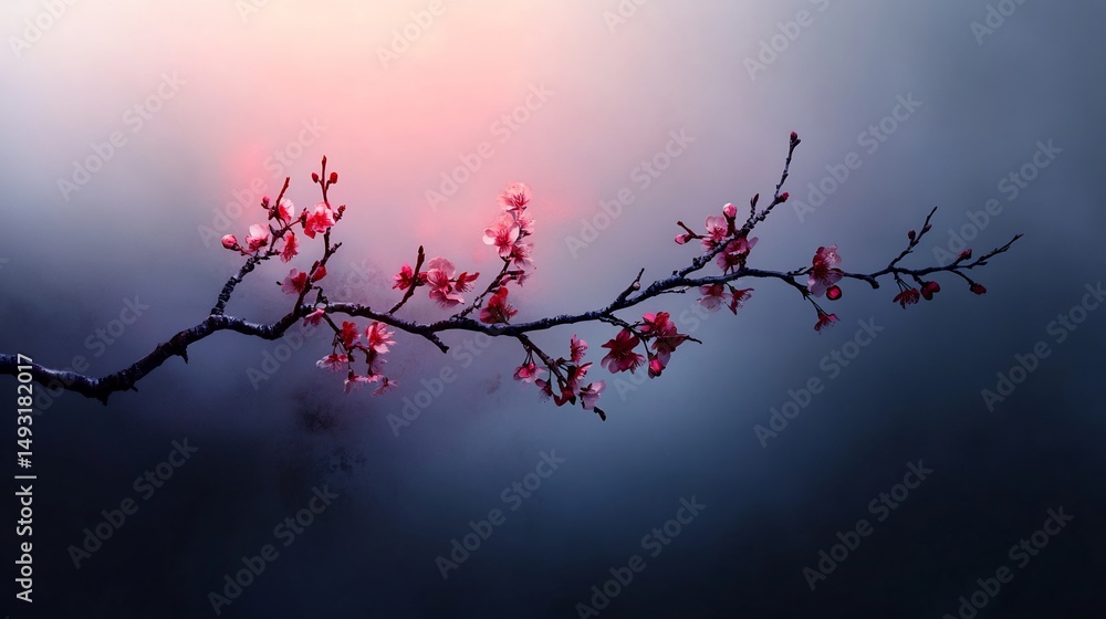 Fototapeta premium Delicate balance: A branch adorned with blooming blossoms against a serene backdrop