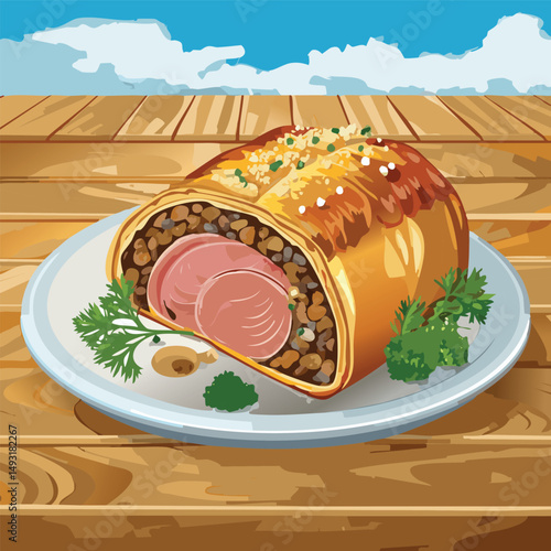 Perfectly cooked Beef Wellington sliced open, showing juicy medium-rare beef wrapped in golden puff pastry with mushroom duxelles, served on elegant plating with warm, natural lighting.