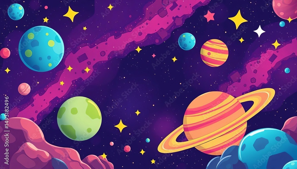 Vibrant cartoon planets, stars, and nebulae Ideal for game assets or whimsical backgrounds, fantasy, planets Vibrant cartoon planets, stars, and nebulae Ideal for game assets or whimsical backgrounds, fantasy, planets
