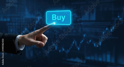 Hand touching a glowing Buy button on a digital stock market chart. Concept for online trading and investment.