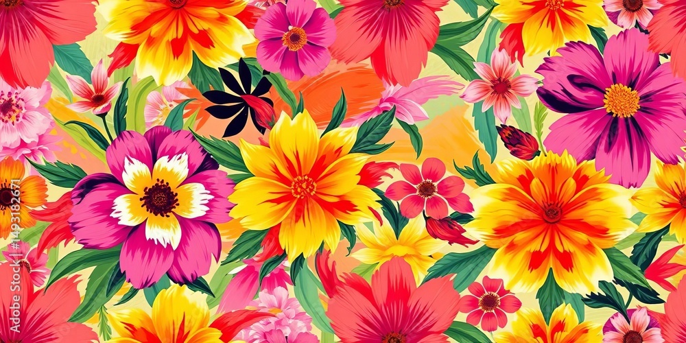 Vibrant floral seamless pattern with abstract acrylic brushstrokes, dynamic, abstract Vibrant floral seamless pattern with abstract acrylic brushstrokes, dynamic, abstract