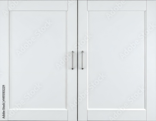 White Shaker-style double cabinet doors with silver handles. Perfect for interior design, home improvement, and furniture projects.