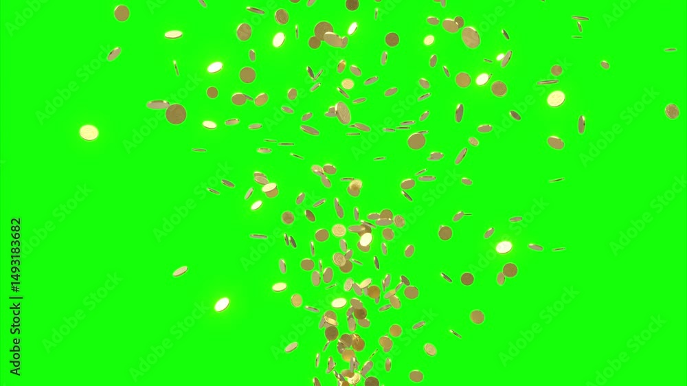 Gold coins exploding upwards, isolated on green screen 3d