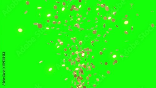 Gold coins exploding upwards, isolated on green screen 3d photo