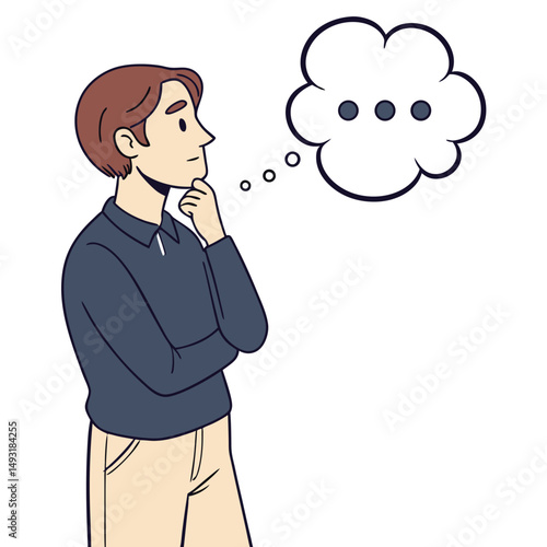 A person with brown hair, wearing a dark shirt and light pants, stands with a hand on their chin and a thought bubble with three dots above their head, indicating contemplation.