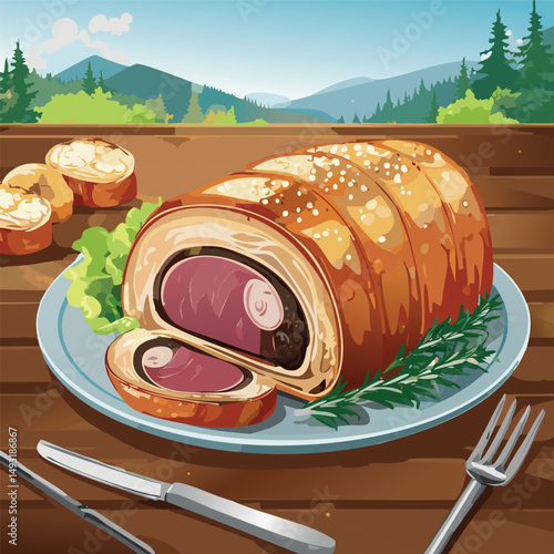 Perfectly cooked Beef Wellington sliced open, showing juicy medium-rare beef wrapped in golden puff pastry with mushroom duxelles, served on elegant plating with warm, natural lighting.