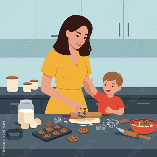 Mother and Son Baking Cookies Together in the Kitchen