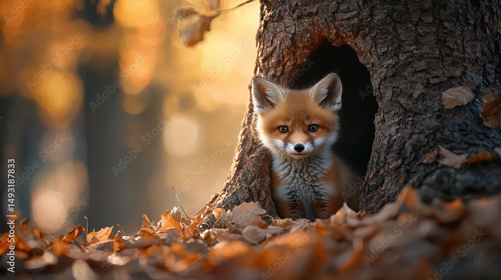 Fototapeta premium Cute fox kit peeking from autumnal den