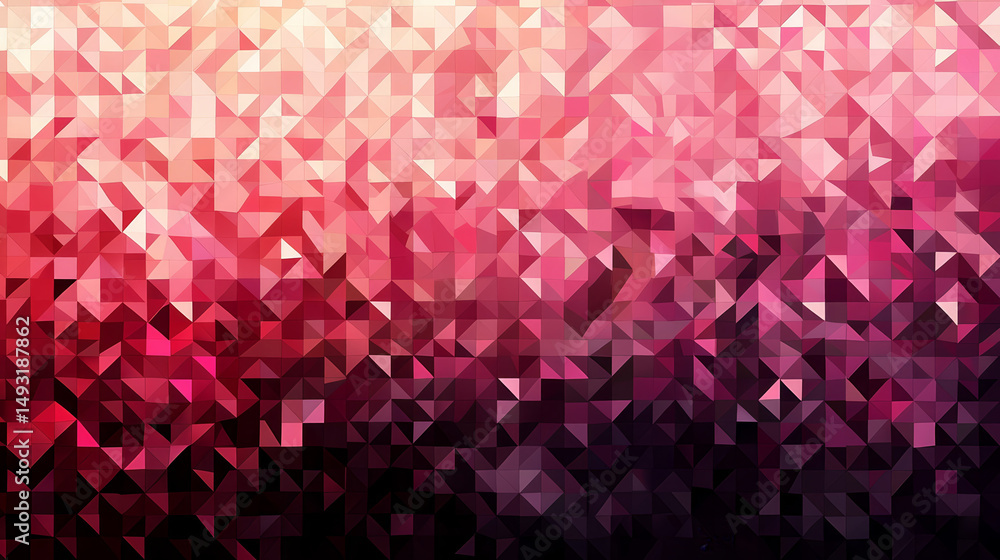 Fototapeta premium Abstract geometric pattern with triangles of varying shades of pink and dark red, transitioning from light to dark