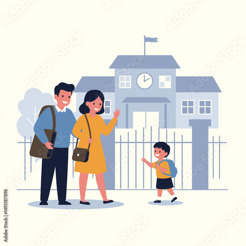 Parents waving goodbye to their child at school illustration