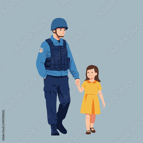 Peacekeeper and Child Walking Together Symbolizing Safety and Protection