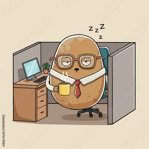 Sleepy Potato Office Worker Taking a Coffee Break