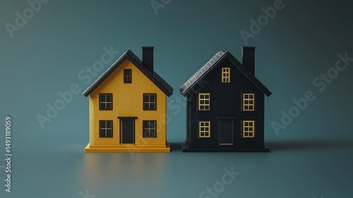 Wallpaper Mural Two contrasting houses, one yellow, one black, sit side-by-side on a muted backdrop.  Detailed miniature models Torontodigital.ca