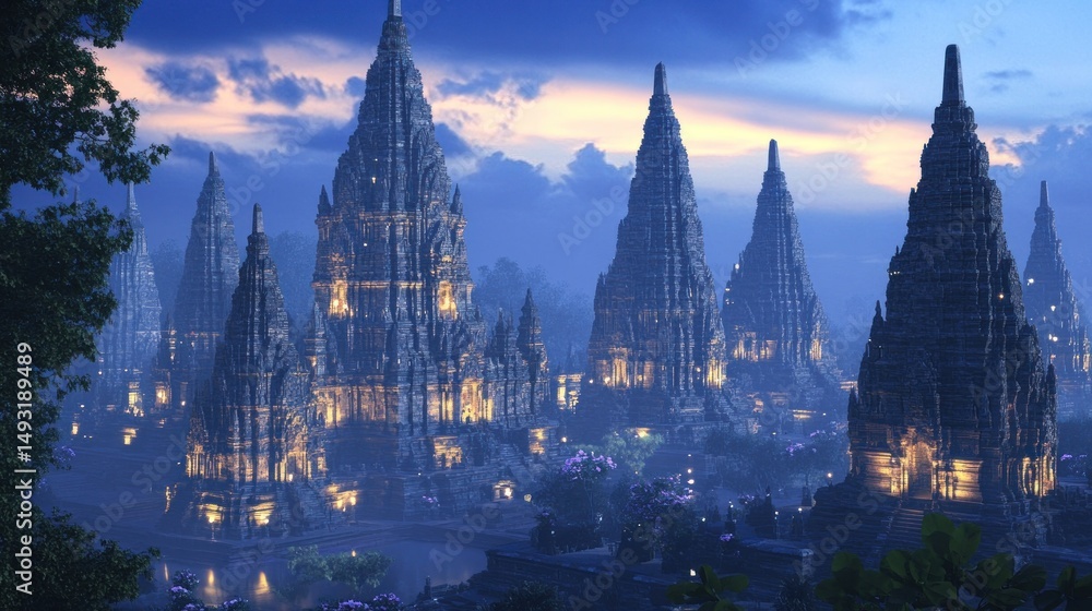 Obraz premium Ancient city glows under a twilight sky. Stone structures, lit, rise over a misty river valley. Lush trees frame the scene