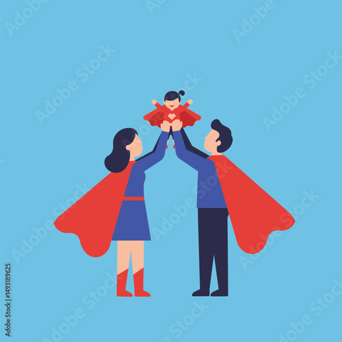 Superhero Family Parents Lifting Up Their Superpowered Child