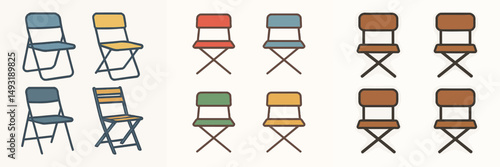 Collection of folding chairs in vector flat design style