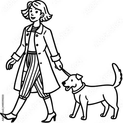 Woman walking dog in city street outline illustration