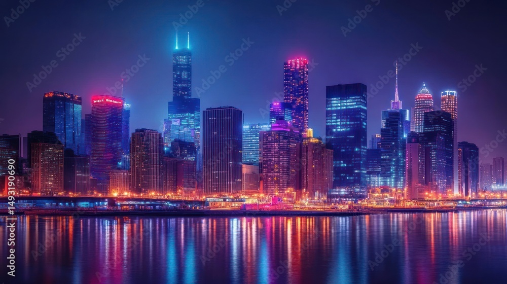 Obraz premium Vibrant city skyline at night, illuminated with colorful lights reflecting on the water