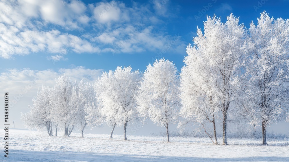 A winter scene of pristine beauty, with snow-covered trees set against a crisp blue sky A winter scene of pristine beauty, with snow-covered trees set against a crisp blue sky