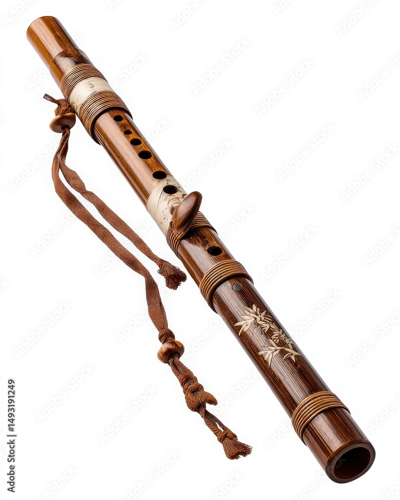 Naklejka premium Intricate bamboo flute with brown tones and etched details, a traditional musical instrument.
