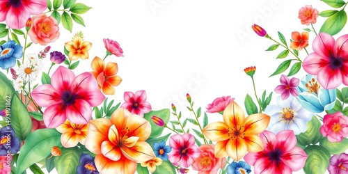Watercolor floral border with vibrant garden blooms & lush foliage, ideal for invitations & summer designs,  summer,  card