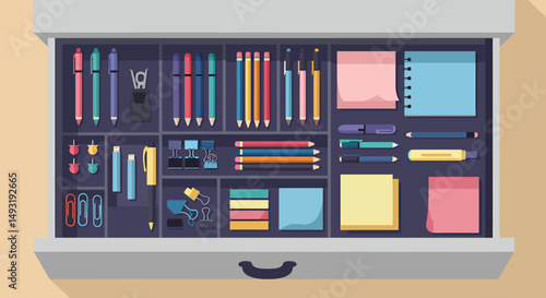 Organized Drawer With Colorful Stationery Supplies