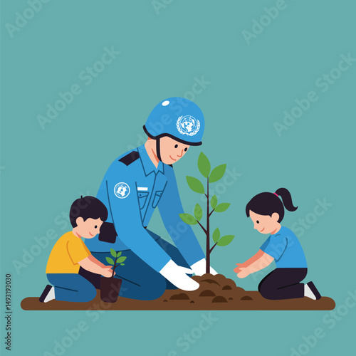 United Nations Peacekeeper Planting Tree with Children for Earth Day