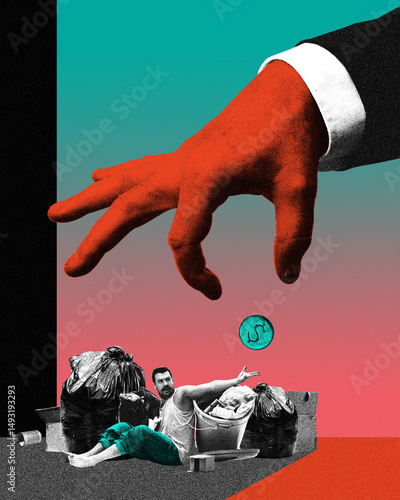 Konstfotografi Red hand drops small coin to homeless man surrounded by trash