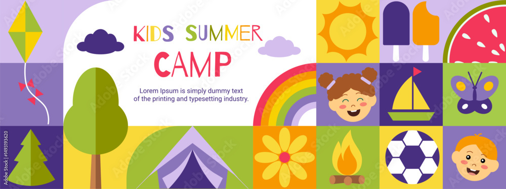 Obraz premium Summer camp. School camping poster. Geometric flyer with sport play and games. Child education. Scout hiking travel with tent and backpack. Children holidays. Vector collage background