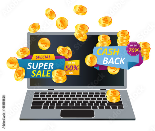 Cashback label. Super sale. Laptop screen. Golden coins. Cash money. Finance back. Online shopping. Special offer bonus. Finance return of purchases. Vector marketing promotion banner