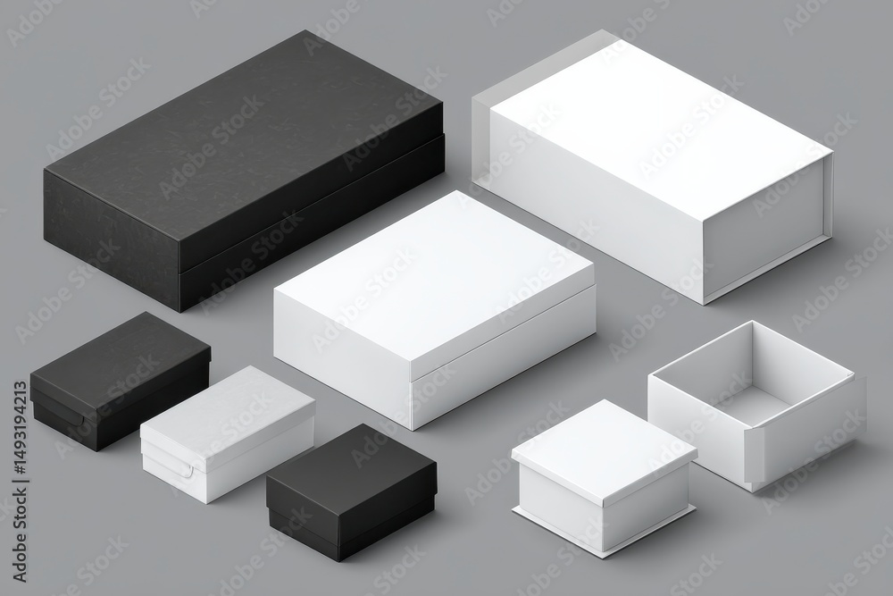 Fototapeta premium Aesthetic Collection of Minimalist Gift Boxes in Various Sizes and Colors Arranged on a Soft Gray Background for Creative Packaging Solutions
