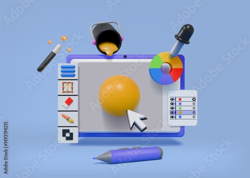 Graphic design tools. 3D tablet icon. Illustrator create UX UI web desk. Professional webdesign interface. Computer screen. Website designer. Paint software customization. Vector concept