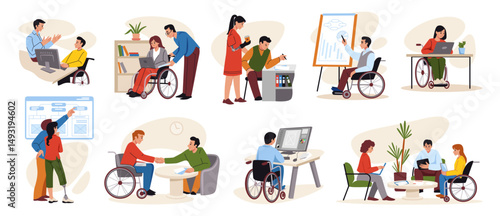 Disable people work. Diverse business team. Inclusive person character. Handicapped man on wheelchair sitting at computer. Woman with prosthesis presenting project. Vector cartoon set