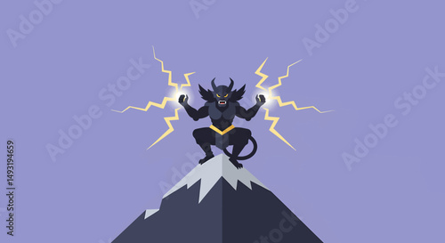 Pixelated Dark Demon On Mountaintop With Lightning