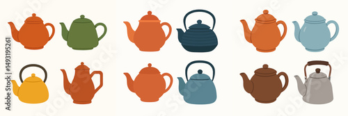 Collection of teapots in various shapes and colors in vector flat design style