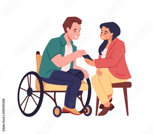 Inclusive people. Disabled man on wheelchair. Support person with disability. Happy couple. Help and assistance. Handicap boyfriend sitting together with girlfriend. Vector concept