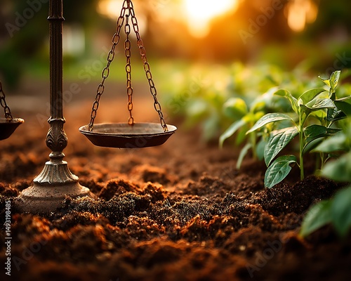 Justice Scales in Garden at Sunset