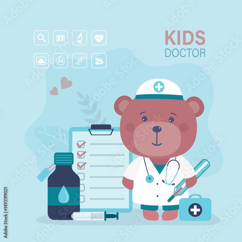 Doctor teddy bear with stethoscope. Cute stuffed animal toy wearing white scrub. Funny bear animal with medical tools. Therapist, kids doctor or nurse.