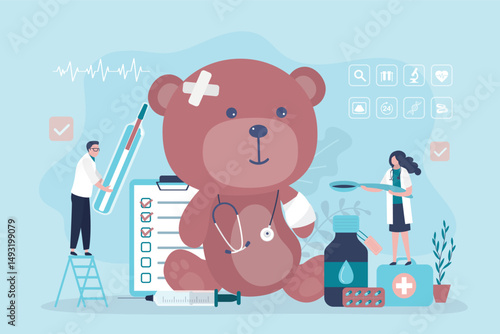 Unhealthy teddy bear, cute animal toy need treatment, kids medical banner. Doctors treat sick animal toy. Doctor and nurse uses medical tools - stethoscope, drugs,