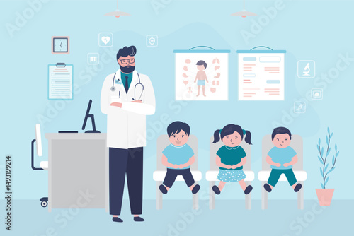 Pediatric clinic. Sick children are sitting in medical office room. Queue at hospital to see doctor. Male physician and illness kids. Hospital room interior. Healthcare