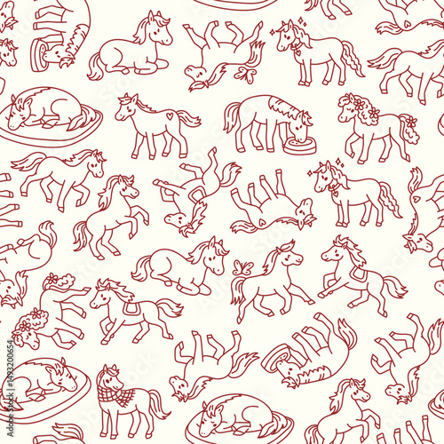 Seamless pattern of playful horse line drawings in red on cream background. Perfect for kids' designs, fabric, and wallpaper