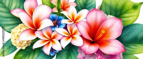 Vibrant digital watercolor bouquet of tropical flowers including plumeria, calla lilies, hydrangea, and monstera leaves, isolated on white,  illustration,  botanical illustration
