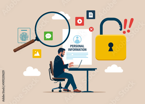 Software engineer working on online  Information Hacking. Computer with Blocked Account on Screen. Hacking and exploit results. Flat vector Illustration.