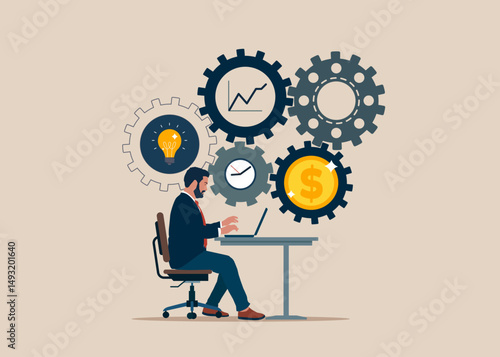 Software engineer with cog gear production. Optimize cost and expense for better profit strategy. Vector illustration