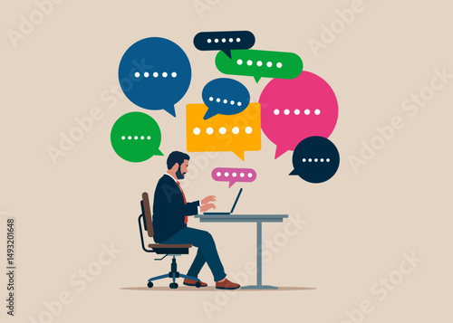 Software engineer discussing work in internet with speech bubbles. Discussion, conversation, meeting, team communication, colleague chatting, opinion. Flat vector illustration. 